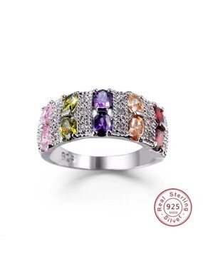 Swarovski Elements 925 Sterling Silver Multicolor Crystal Band Ring NEW